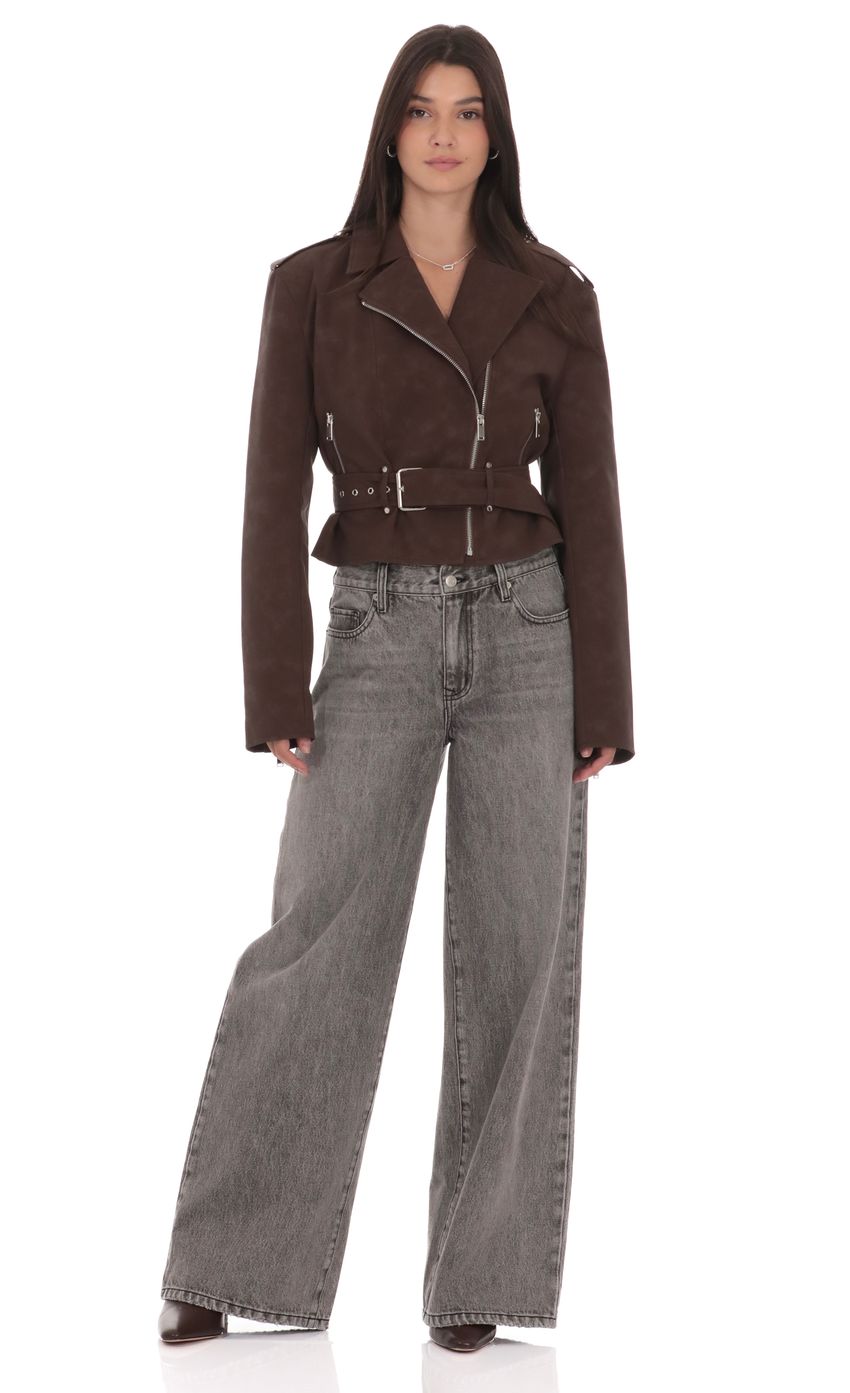 Faux Leather Cropped Moto Jacket in Brown