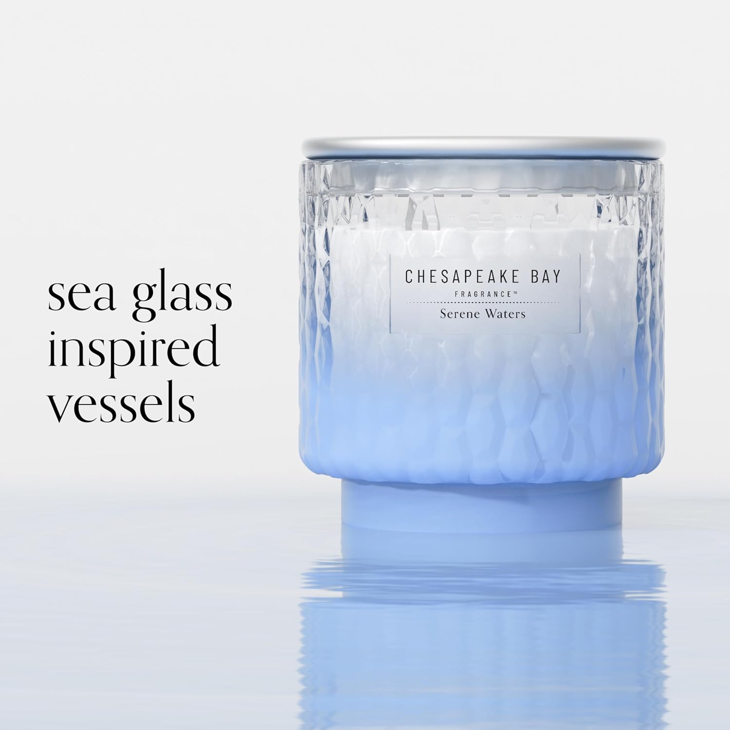 11oz Serene Waters Scented Candle Mood Evoking Fragrance Textured Sea Glass Inspired Jar Premium Soy Blend Wax with Essential Oils Coastal Fragrance for Home Décor or Gifting