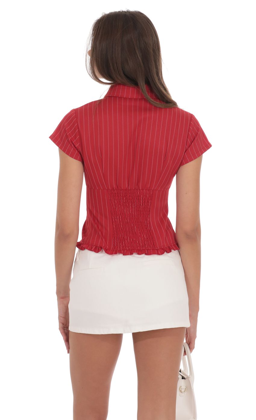 PinStripe Button Up Ruffle Top in Red