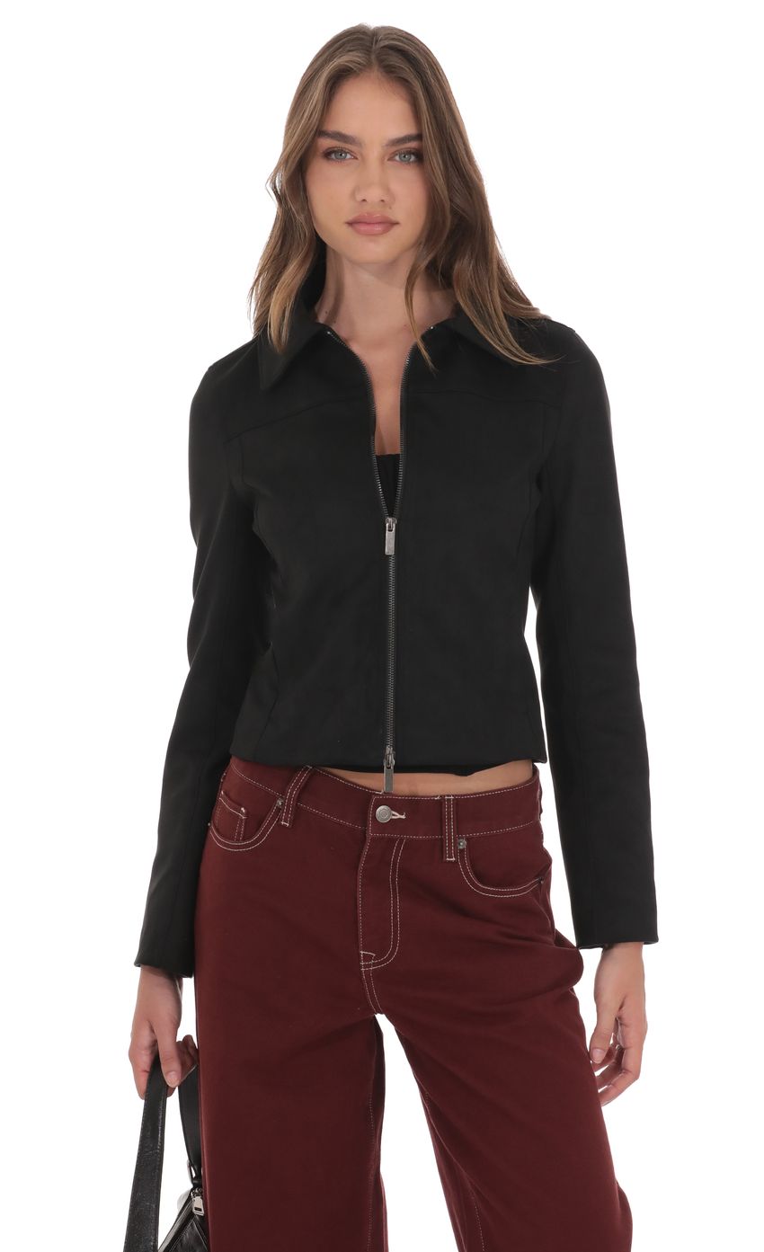 Suede Zip Up Jacket in Black