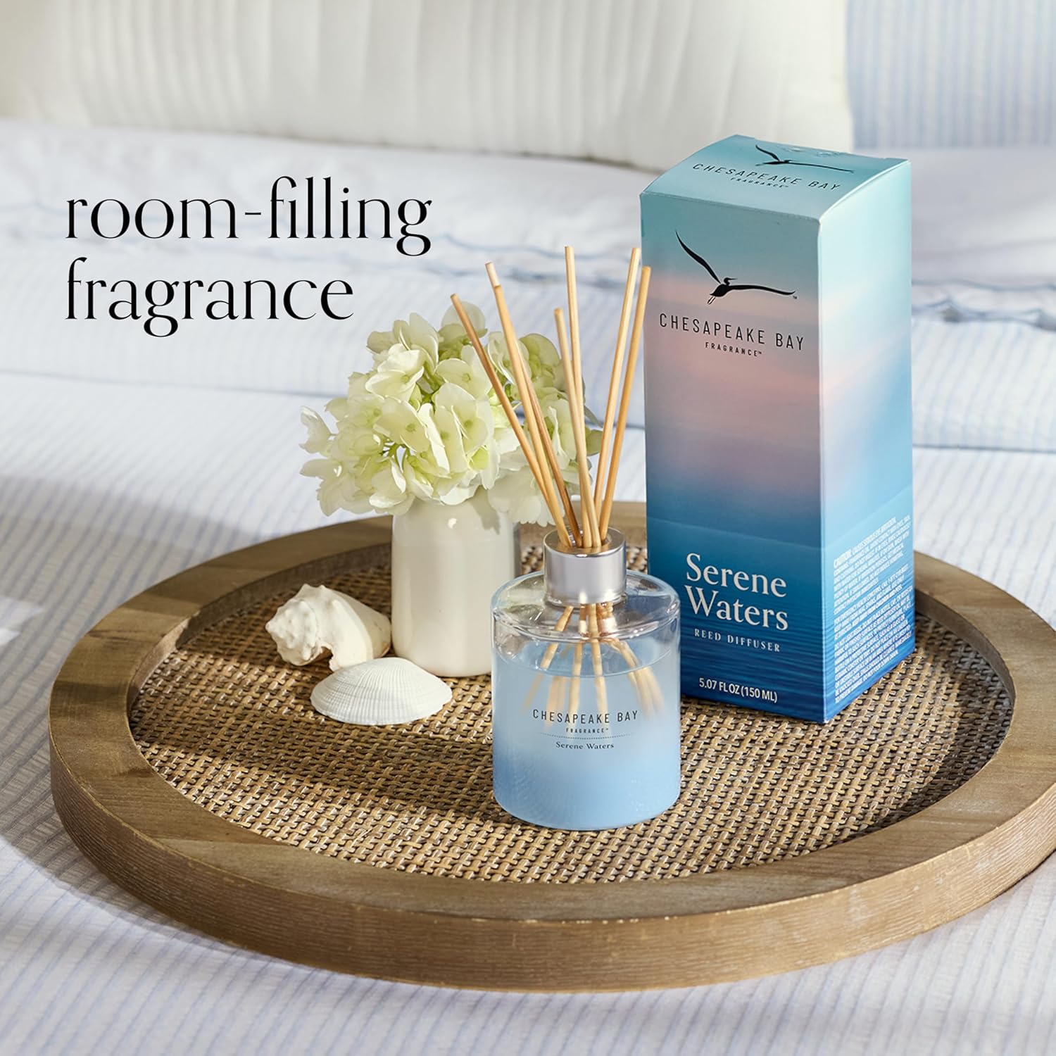 Reed Diffuser 57oz Serene Waters Scent Mood Evoking Sea Glass Inspired Jar Room Filling Fragrance Made with Essential Oils Coastal Fragrance for Home Décor or Gifting