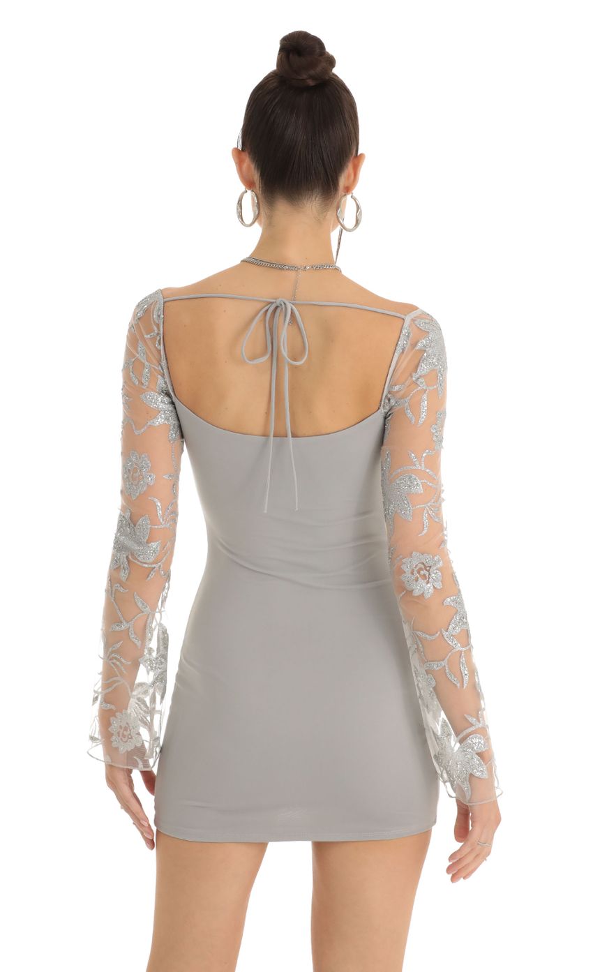 Floral Glitter Long Sleeve Bodycon Dress in Grey