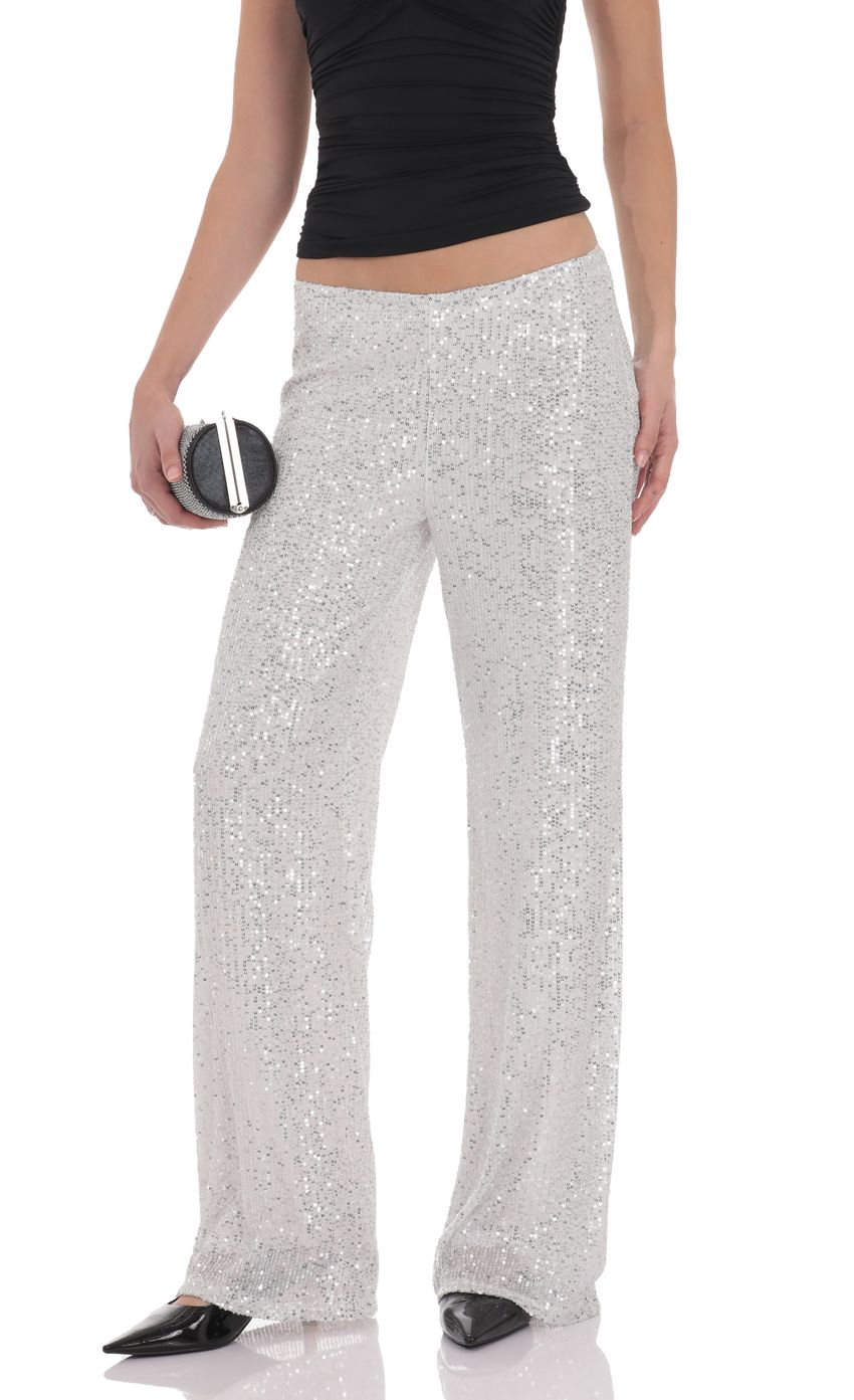 Straight Sequin Pants in Silver