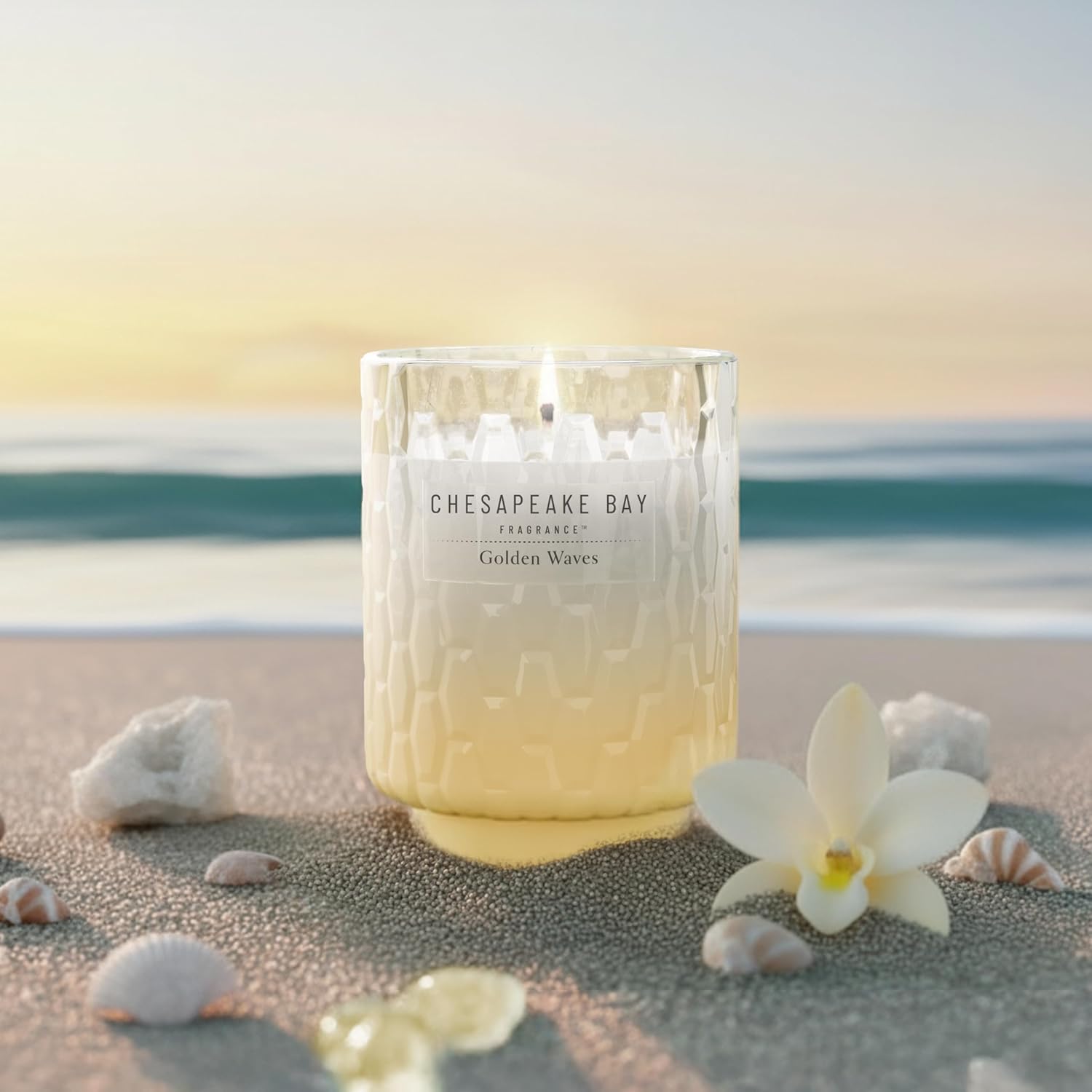 8oz Golden Waves Scented Candle Mood Evoking Fragrance Textured Sea Glass Inspired Jar Premium Soy Blend Wax with Essential Oils Coastal Fragrance for Home Décor or Gifting