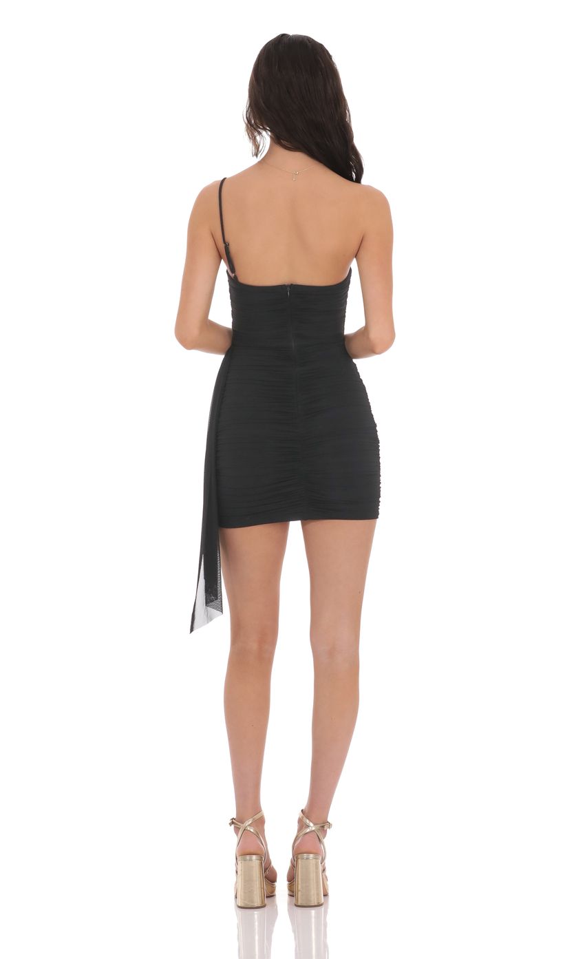 Mesh One Shoulder Tassel Dress in Black