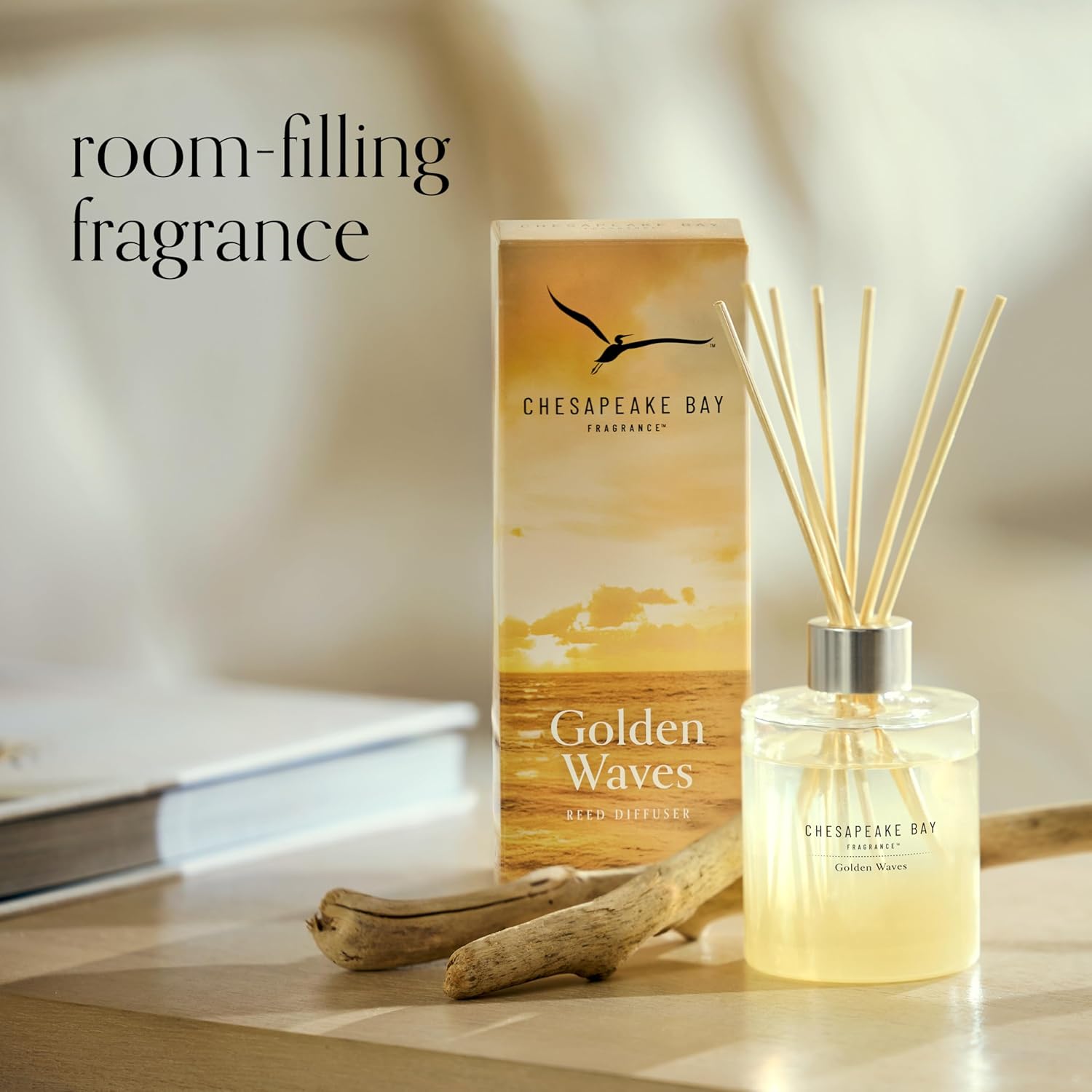 Reed Diffuser 57oz Golden Waves Scent Mood Evoking Sea Glass Inspired Jar Room Filling Fragrance Made with Essential Oils Coastal Fragrance for Home Décor or Gifting