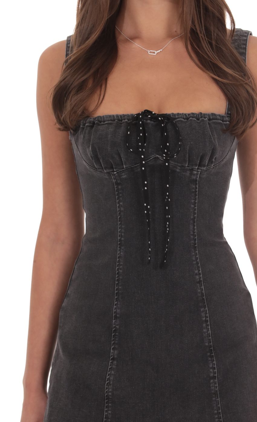 Denim Polka Dot Bow Dress in Washed Black