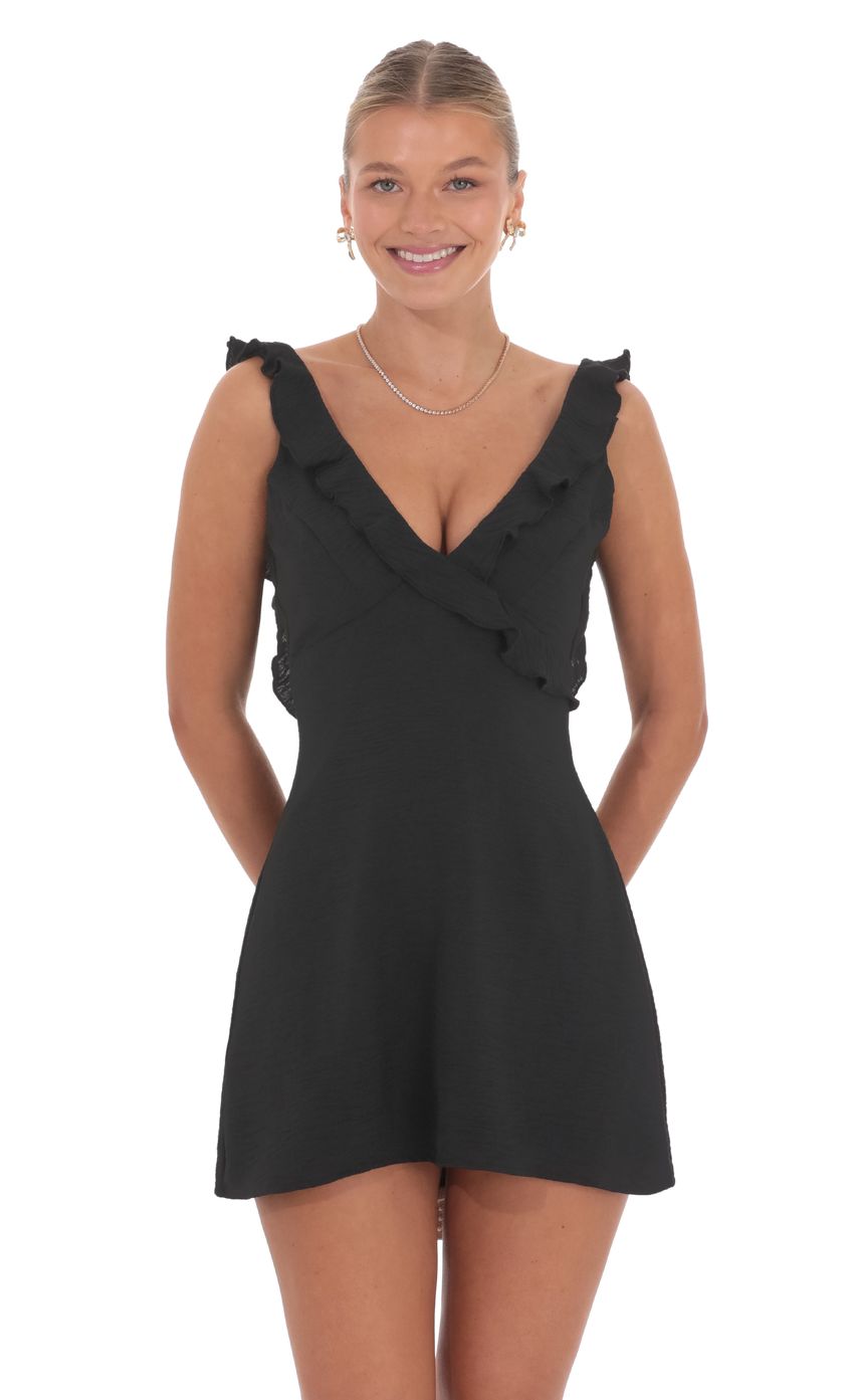 Ruffle V Neck Dress in Black