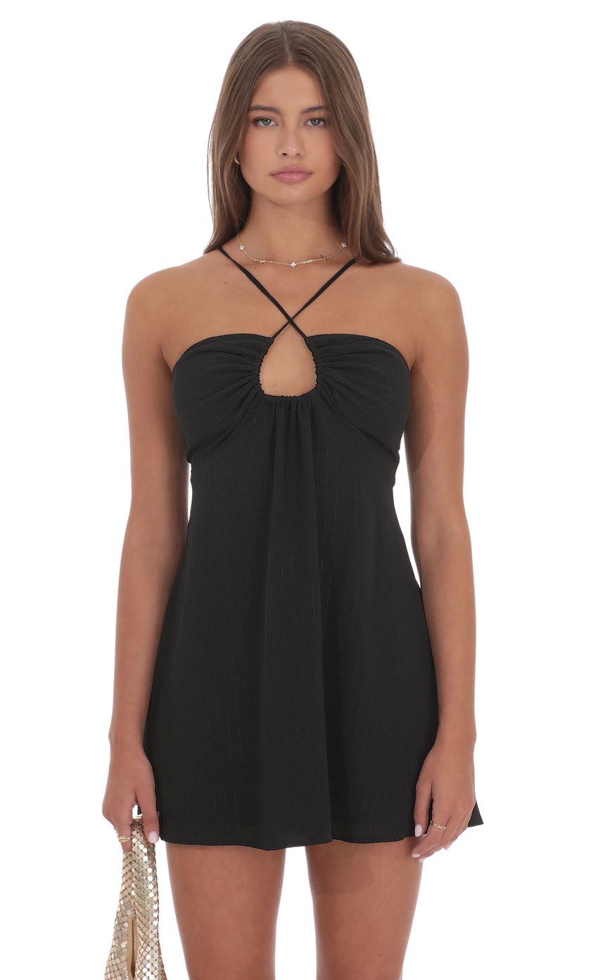 Shimmer Pinstripe Fit and Flare Dress in Black