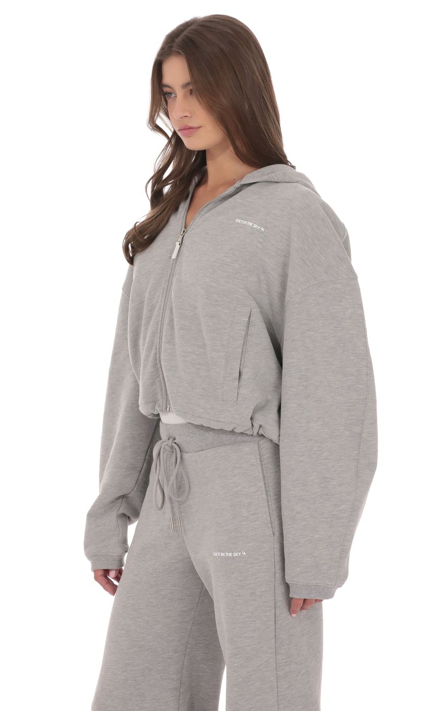 Cropped Fleece Zip Up Hoodie in Grey
