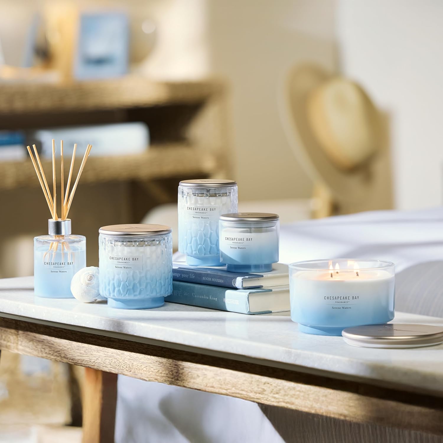 Reed Diffuser 57oz Serene Waters Scent Mood Evoking Sea Glass Inspired Jar Room Filling Fragrance Made with Essential Oils Coastal Fragrance for Home Décor or Gifting