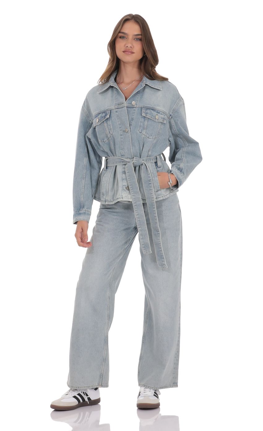 Oversized Belted Denim Jacket in Light Blue
