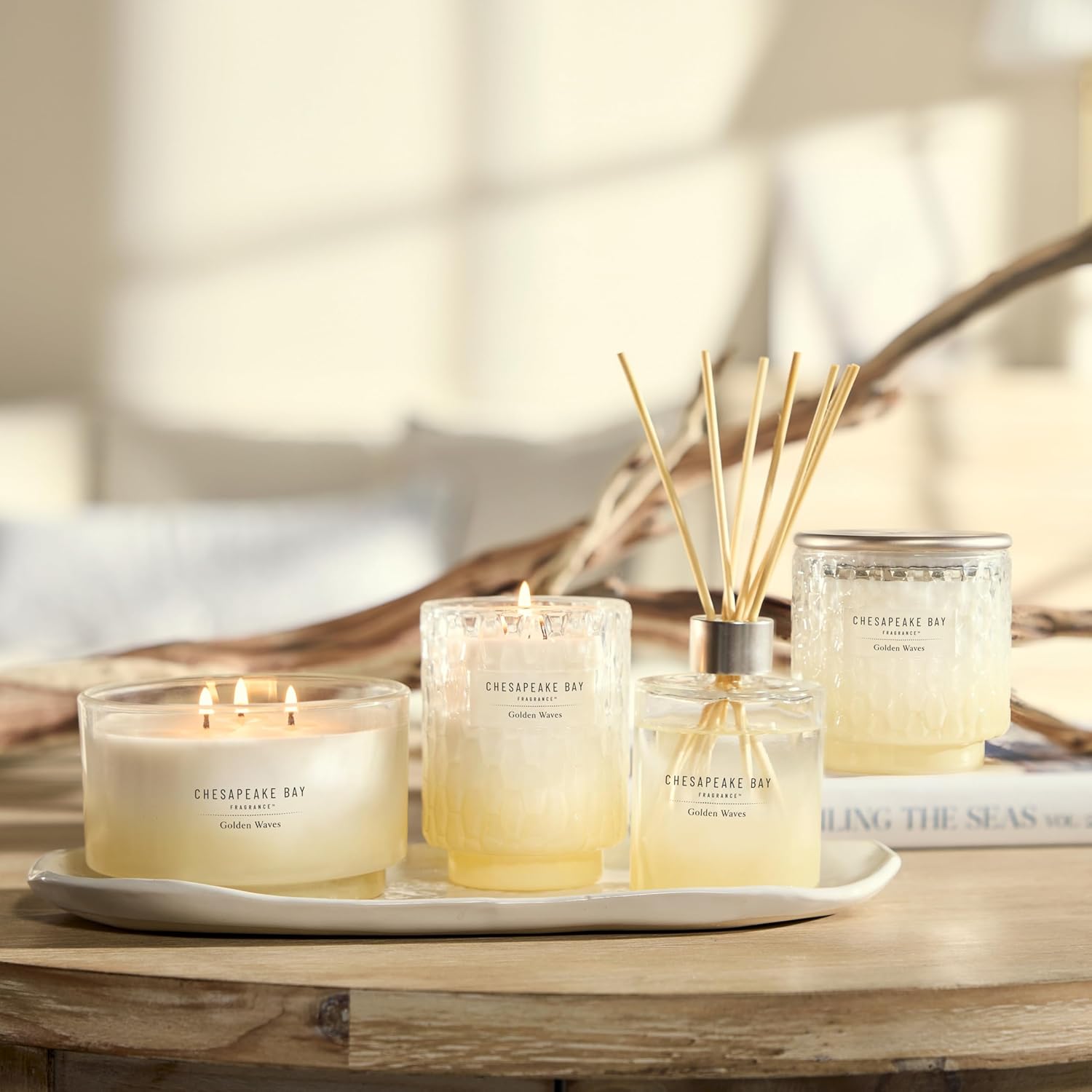 Reed Diffuser 57oz Golden Waves Scent Mood Evoking Sea Glass Inspired Jar Room Filling Fragrance Made with Essential Oils Coastal Fragrance for Home Décor or Gifting