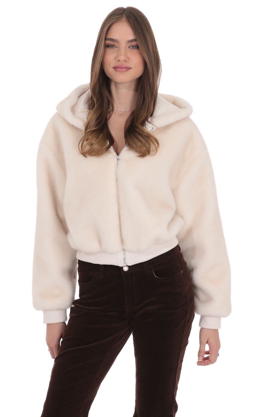 Fuzzy Zip Up Hoodie in Ivory