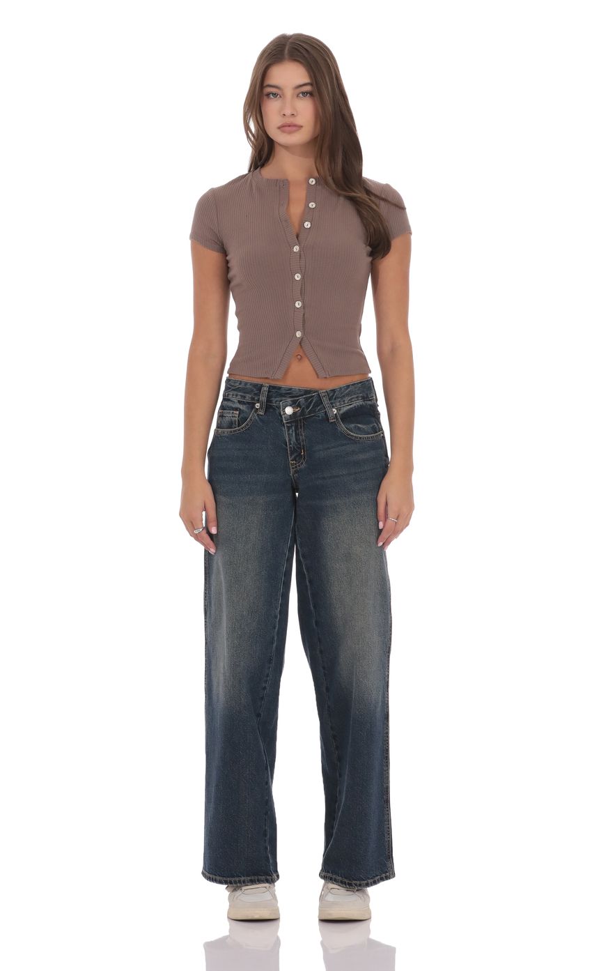 Ribbed Short Sleeve Button Top in Taupe