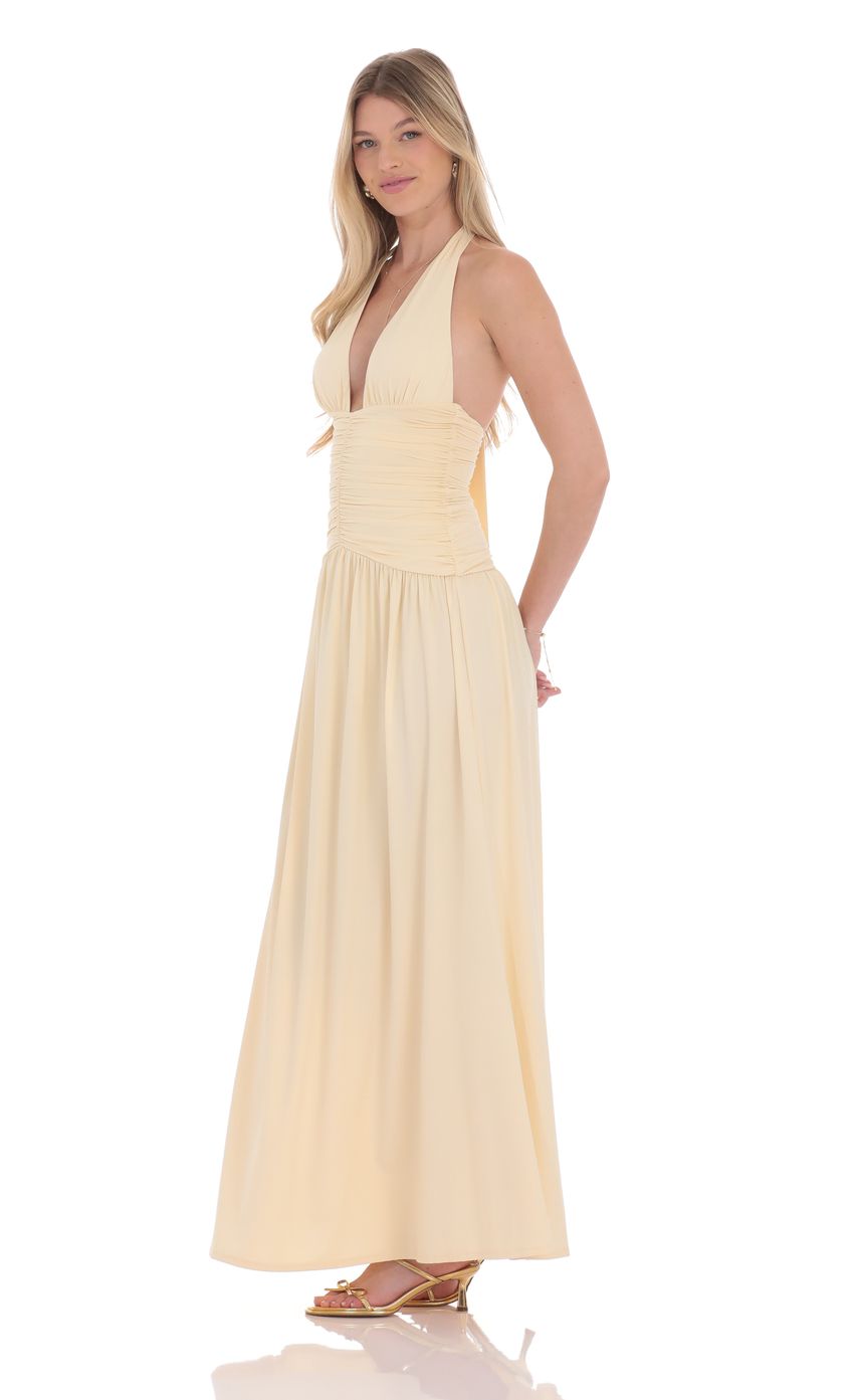 Halter Ruched Cinched Maxi Dress in Beige