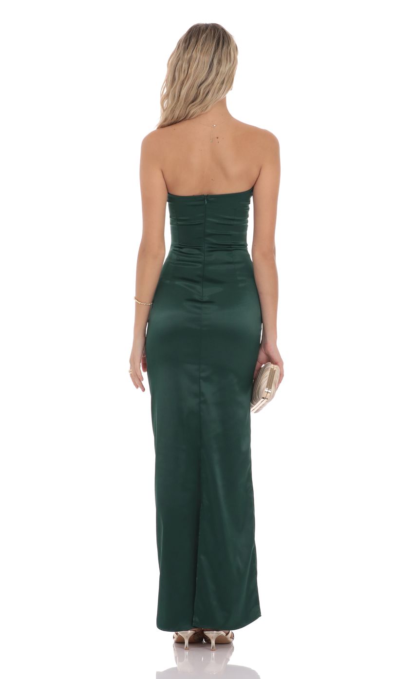 Satin V Strapless Maxi Dress in Green