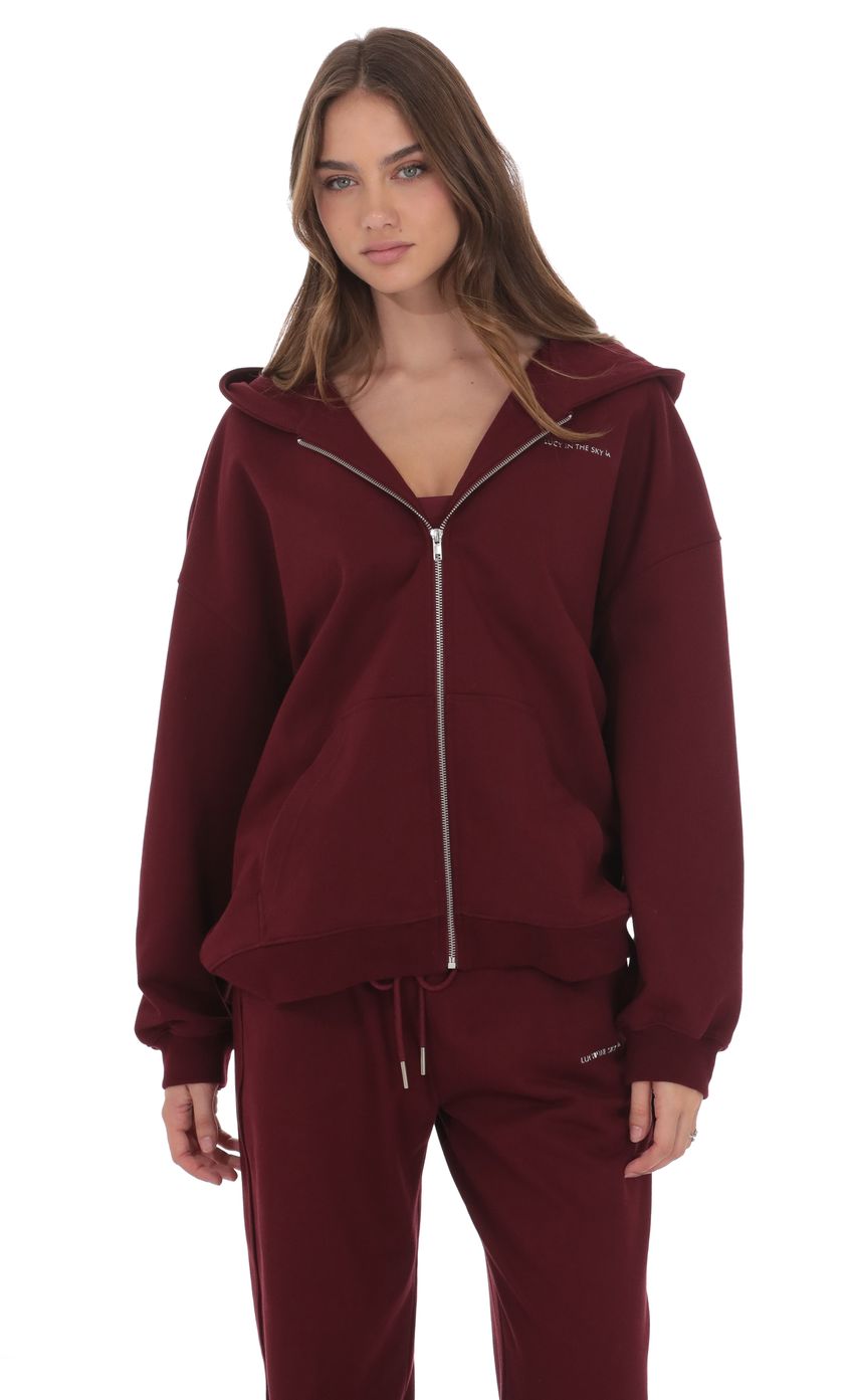 Oversize Zip Up Hoodie in Burgundy