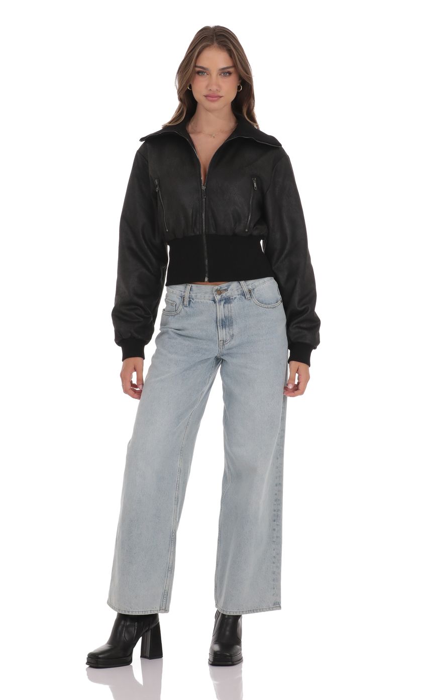Cinched Faux Leather Bomber Jacket in Black