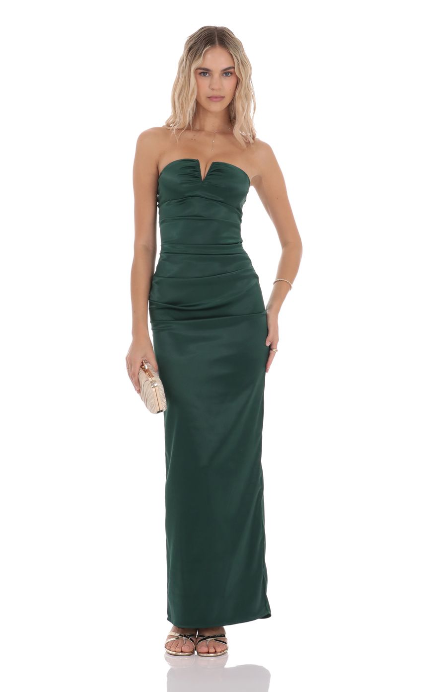 Satin V Strapless Maxi Dress in Green