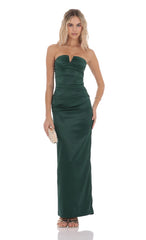 Satin V Strapless Maxi Dress in Green