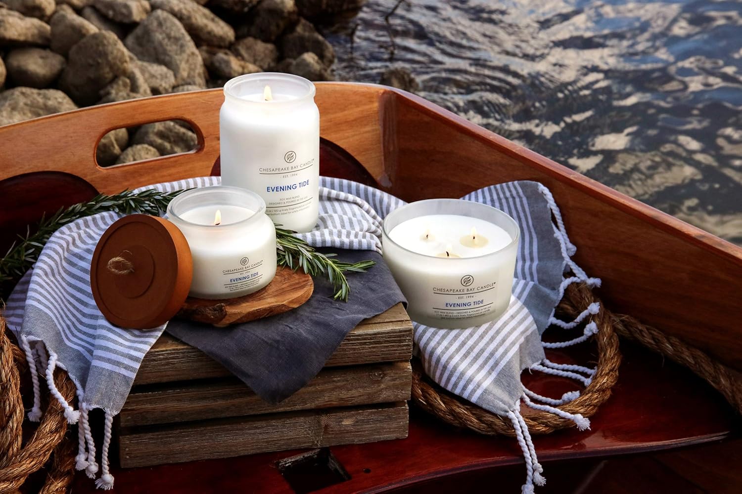 Candle 3 Wick Scented Candle Evening Tide Lavender Sea Salt Coffee Table Jar