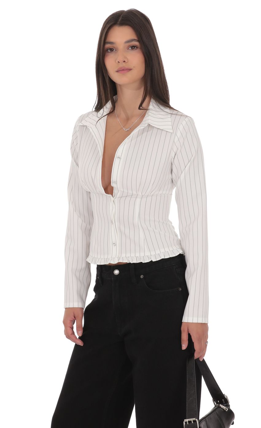 Pinstripe Ruffle Hem Button Up Shirt in White