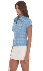 Plaid Button Up Ruffle Top in Blue