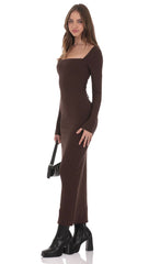 Cinch Tie Ribbed Maxi Dress in Brown