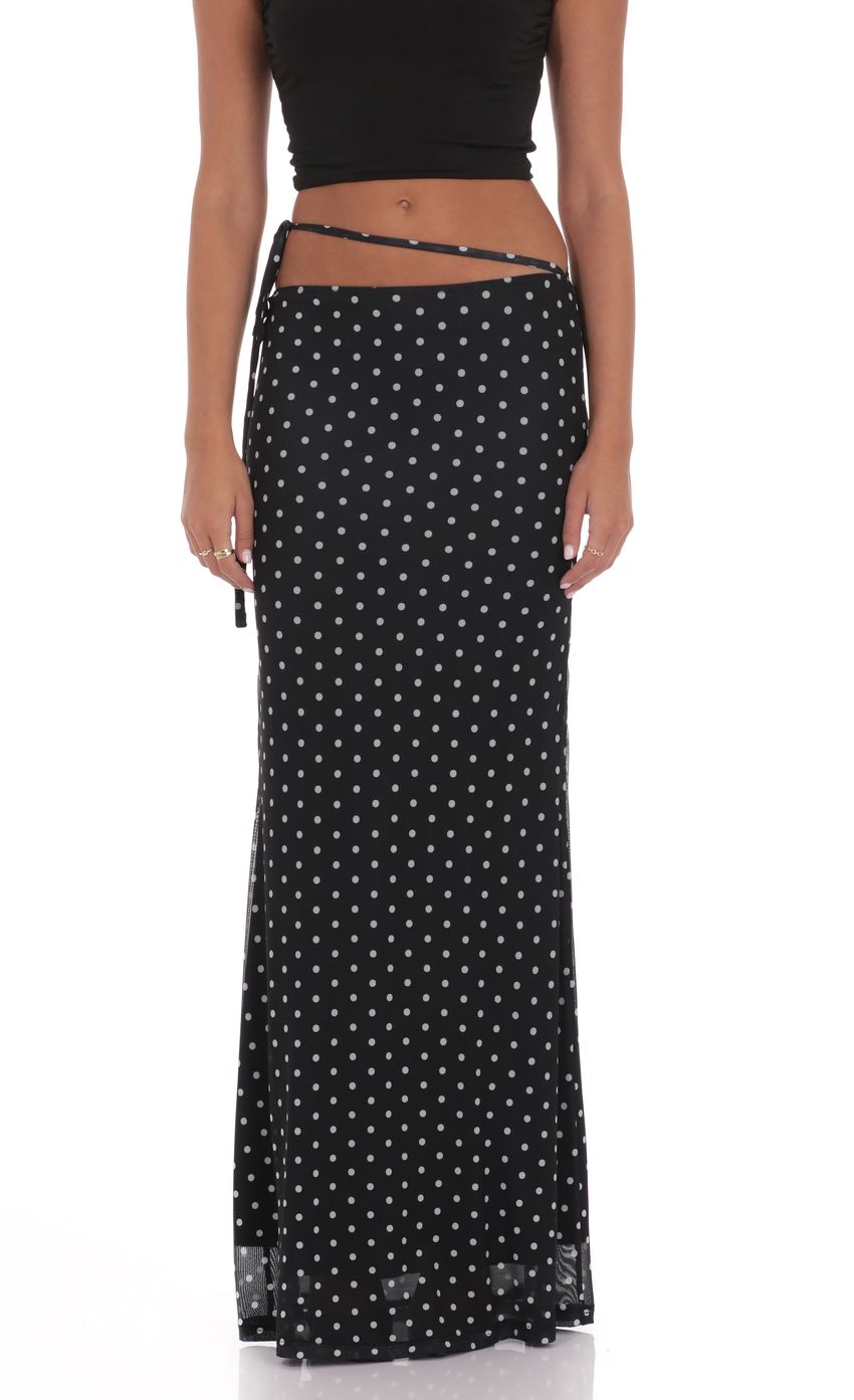 Mesh Polka Dot Wrap Maxi Skirt in Black