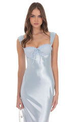Satin Lace Bust Maxi Dress in Light Blue