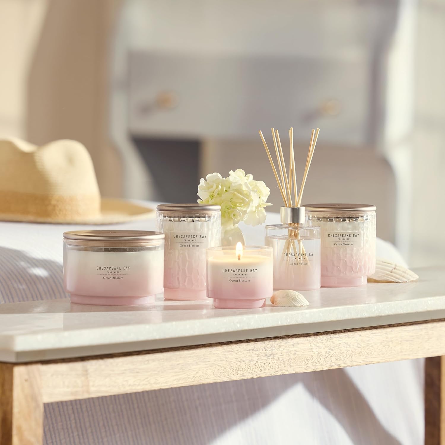 8oz Ocean Blossom Scented Candle Mood Evoking Fragrance Textured Sea Glass Inspired Jar Premium Soy Blend Wax with Essential Oils Coastal Fragrance for Home Décor or Gifting