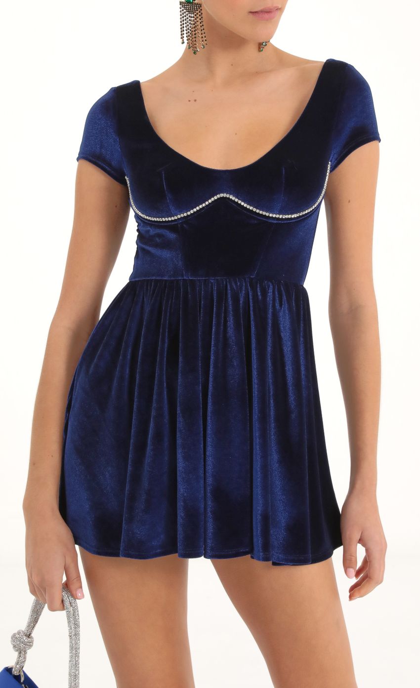 Rhinestone Velvet Corset Flare Dress in Navy
