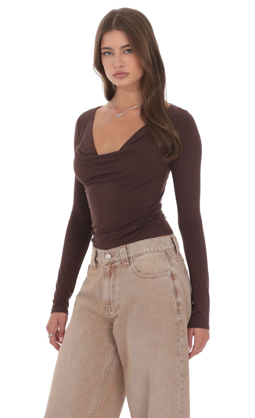 Cowl Neck Long Sleeve Top in Brown