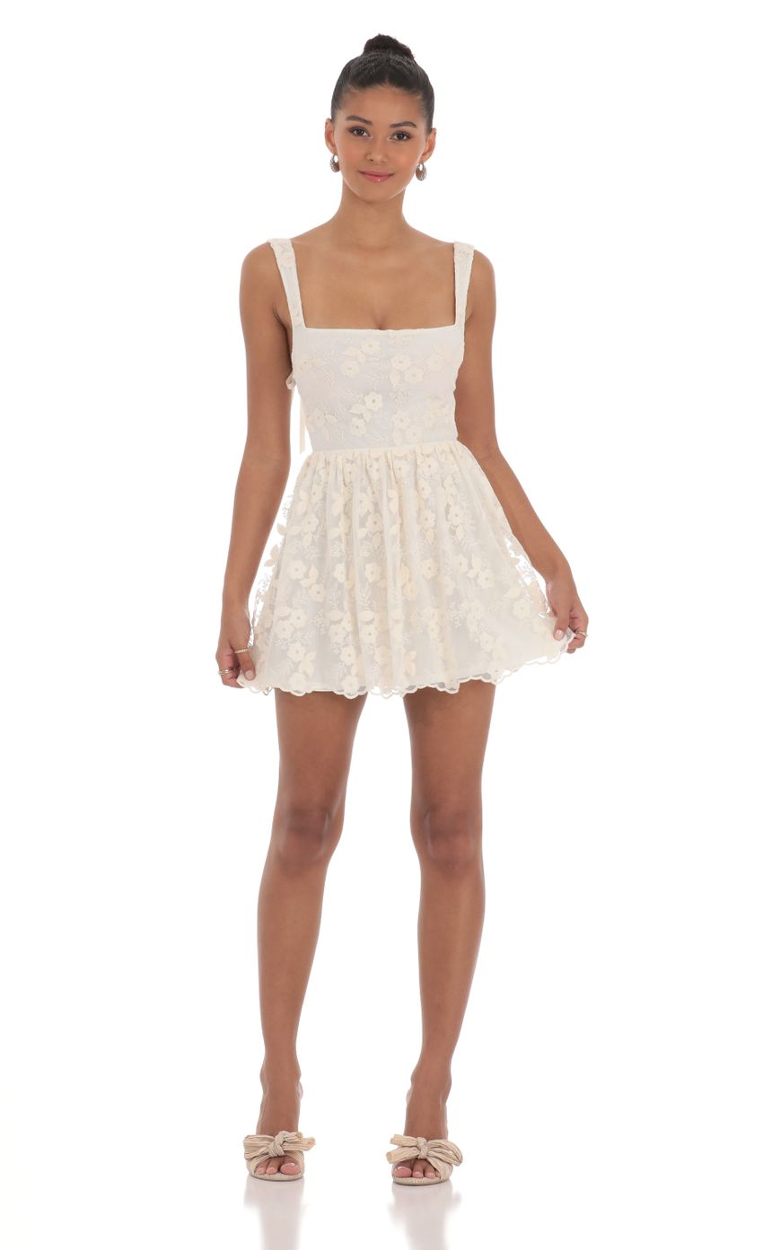 Floral Mesh Lace A line Dress in Cream
