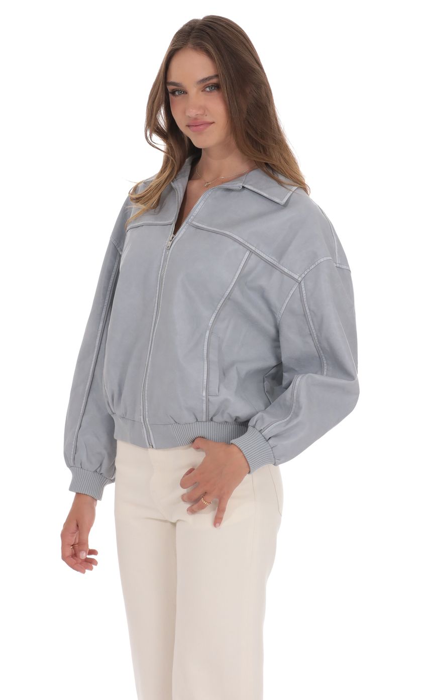 Faux Leather Bomber in Ash Blue