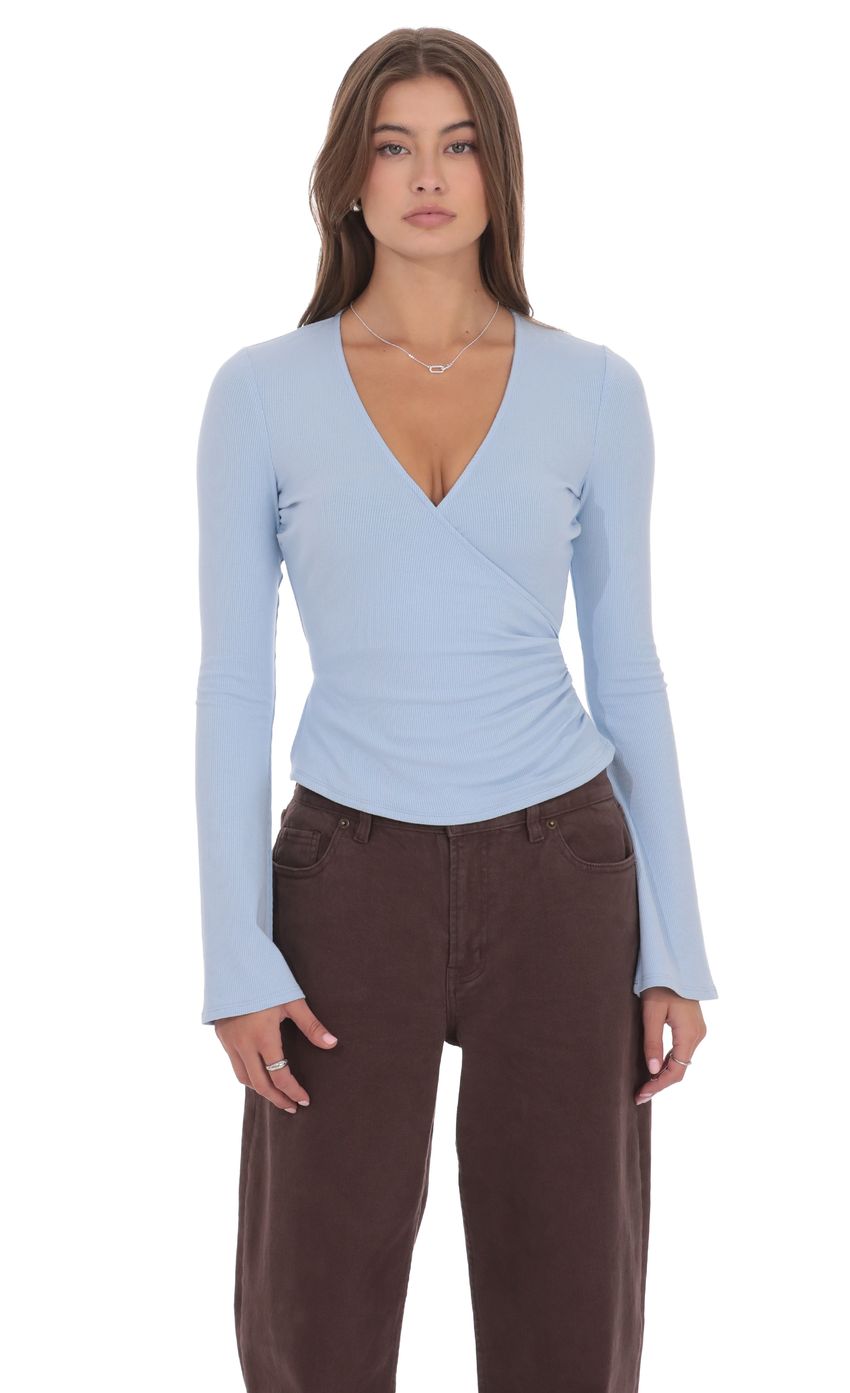 V Neck Overlap Top in Light Blue