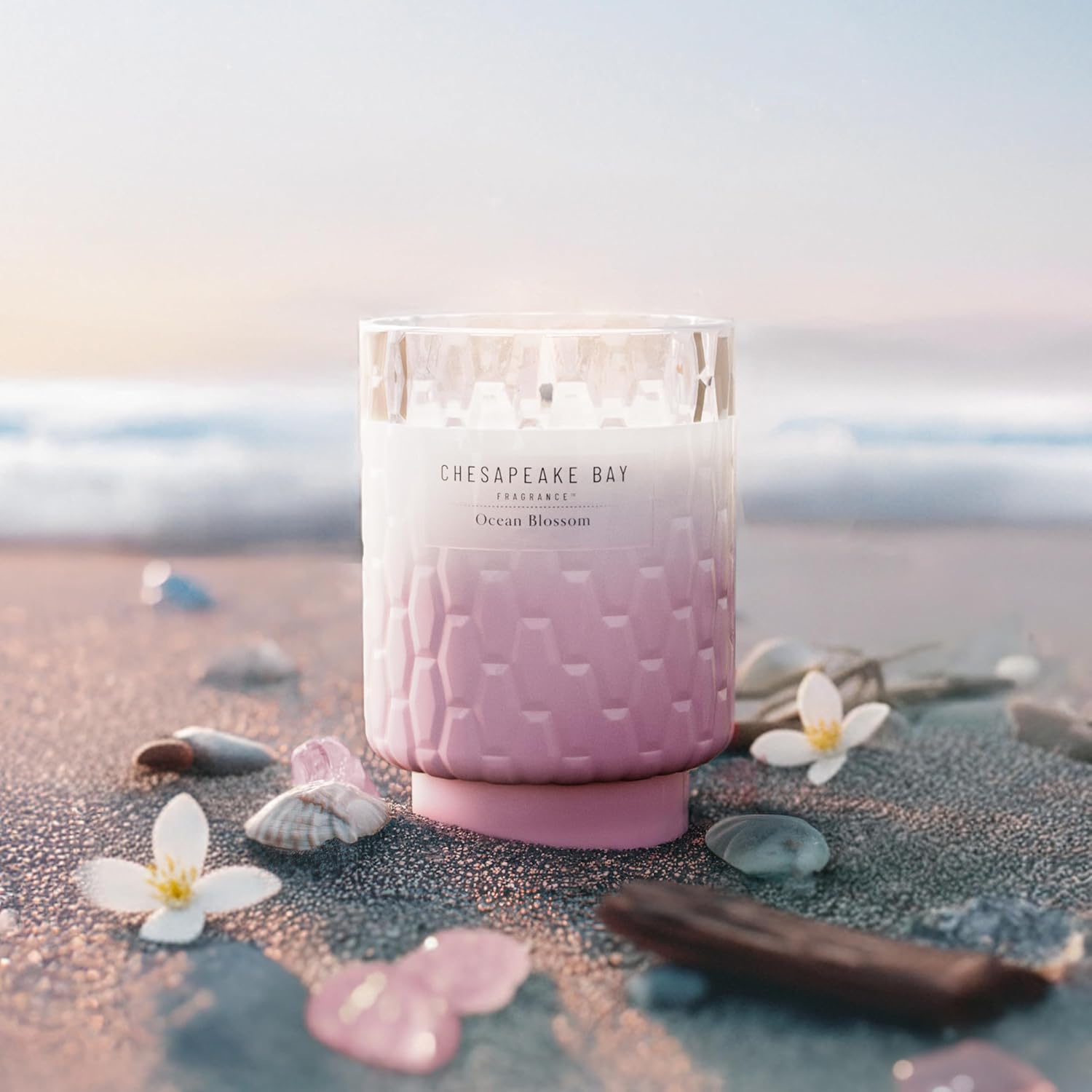 8oz Ocean Blossom Scented Candle Mood Evoking Fragrance Textured Sea Glass Inspired Jar Premium Soy Blend Wax with Essential Oils Coastal Fragrance for Home Décor or Gifting
