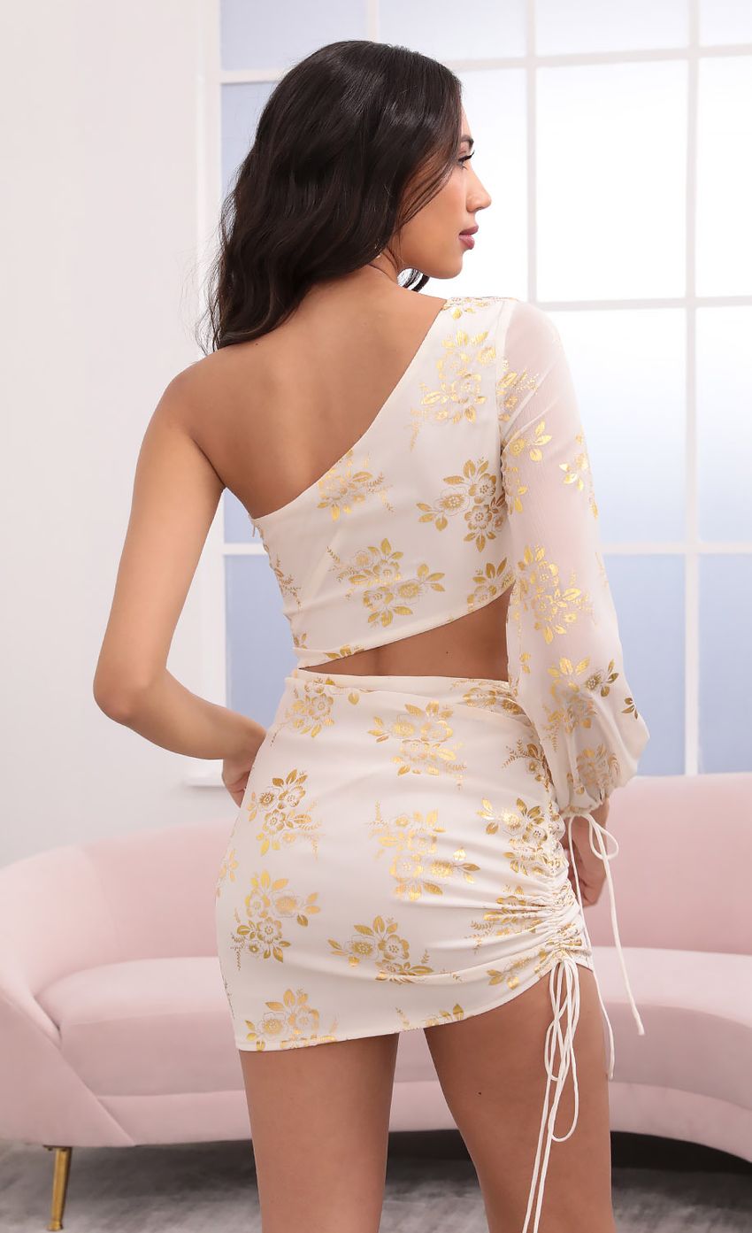 One Shoulder Dress in Gold Floral