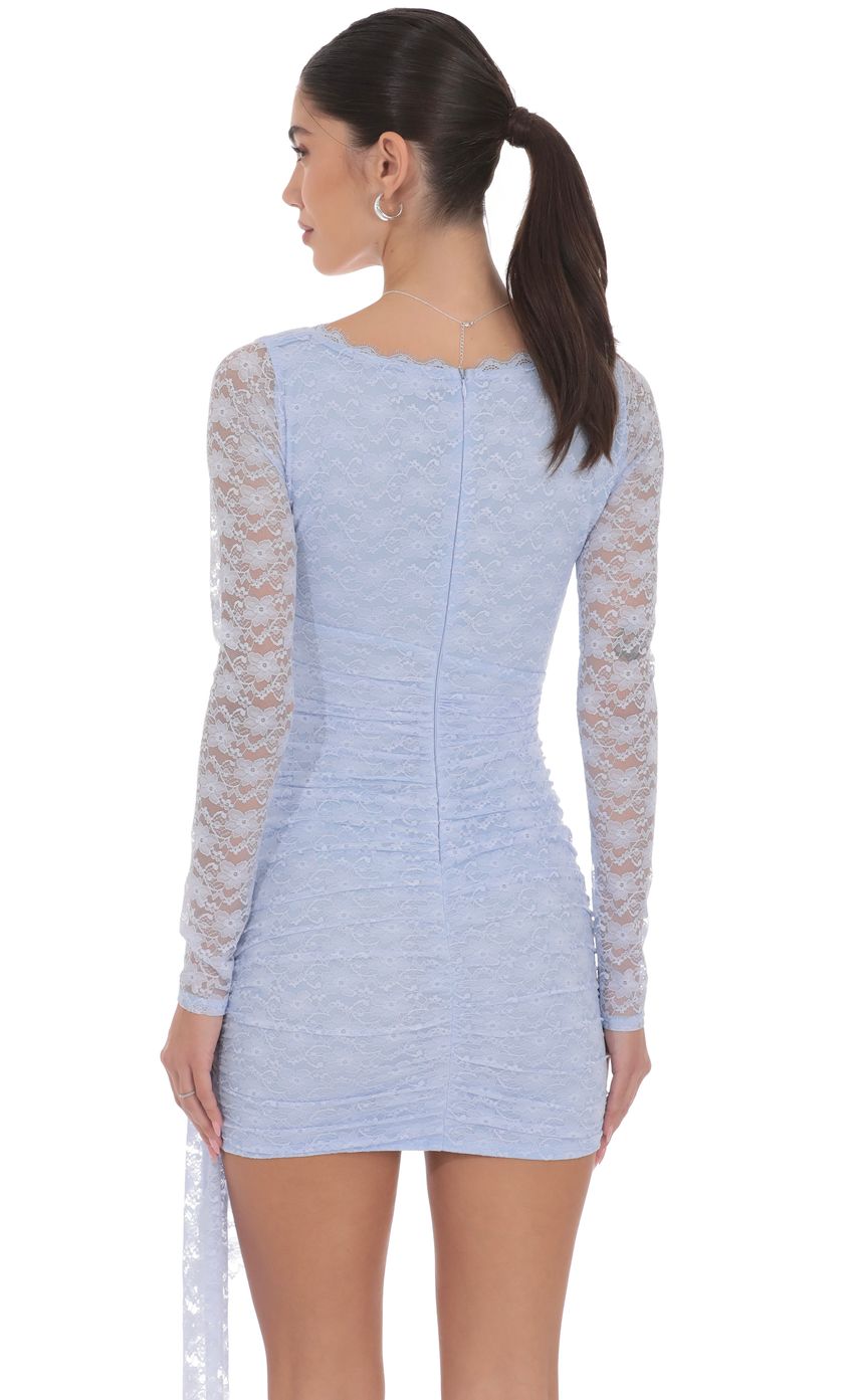 Lace Long Sleeve Tassel Dress in Light Blue