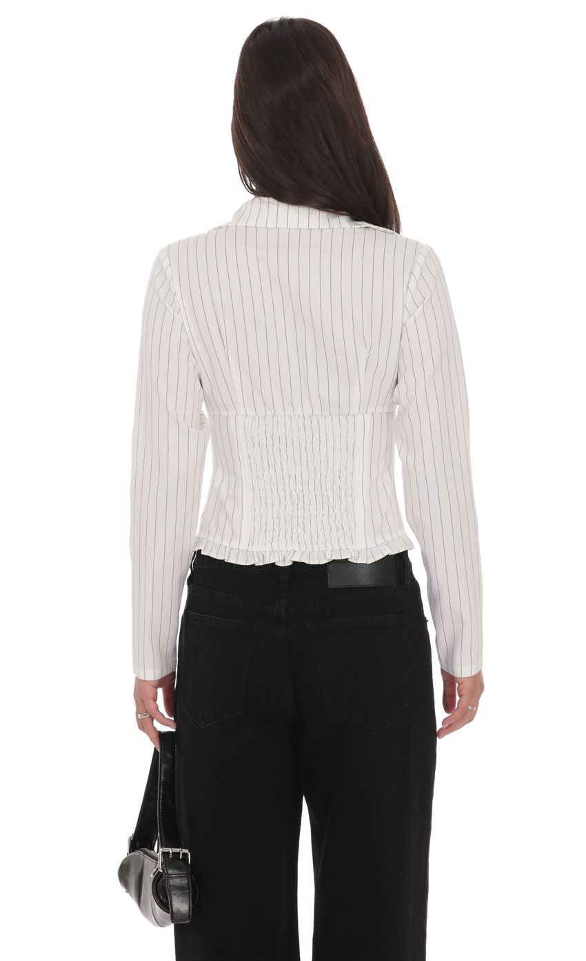 Pinstripe Ruffle Hem Button Up Shirt in White