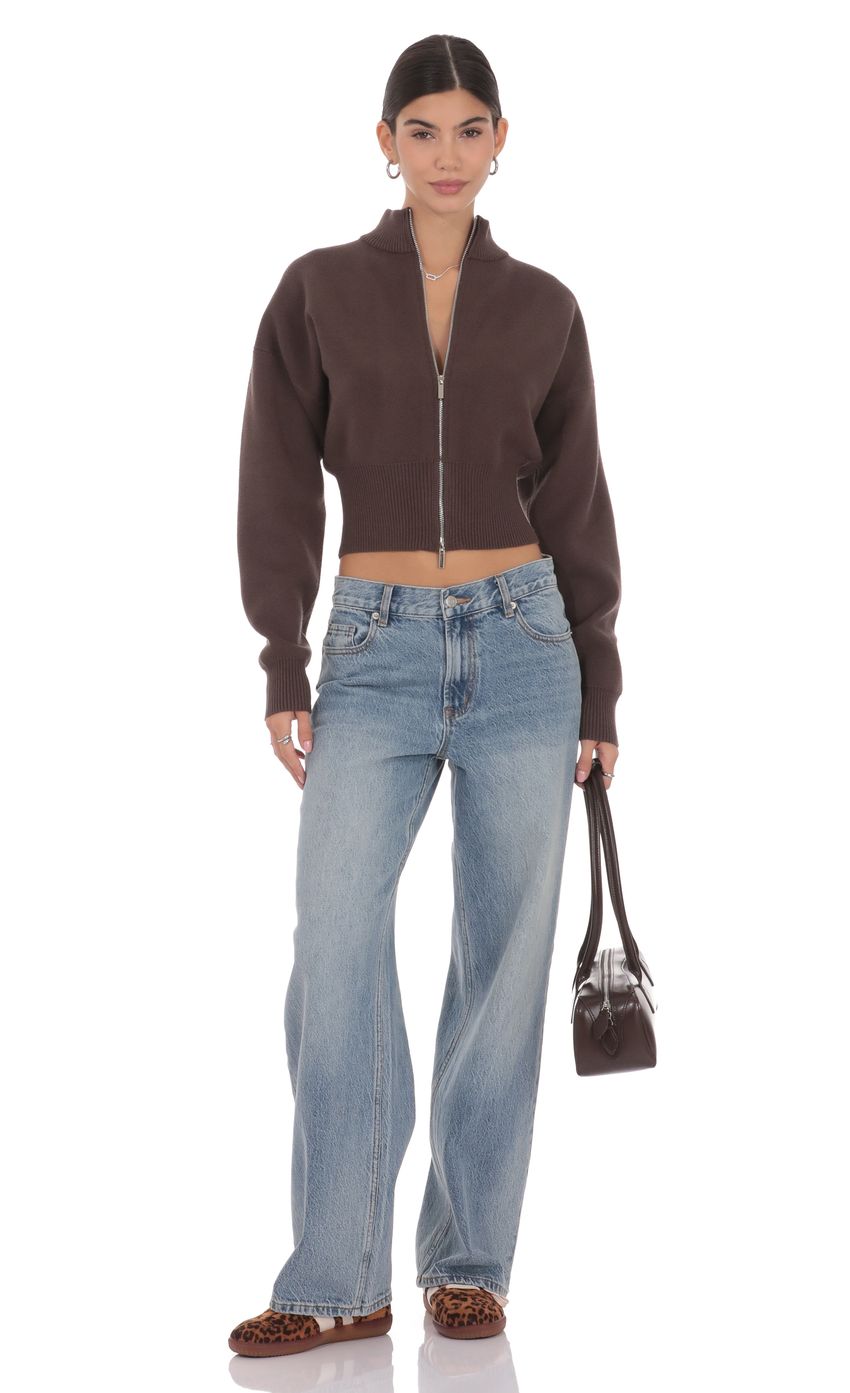 Knit Mock Neck Zip Up Cardigan in Brown