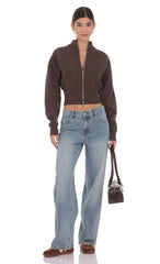 Knit Mock Neck Zip Up Cardigan in Brown