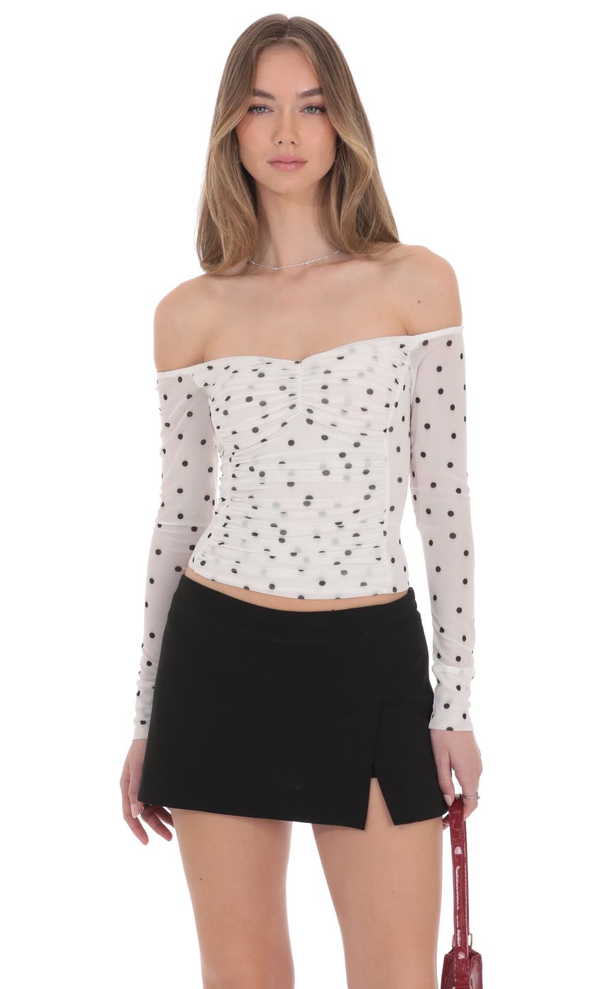 Polka Dot Off Shoulder Ruched Top in White