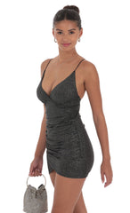 Shimmer Ruched Cross Back Dress in Black