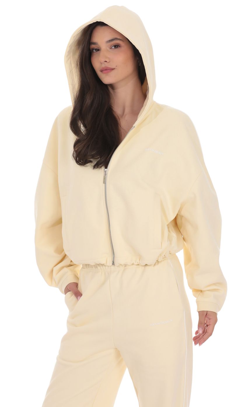 Cropped Cinch Waist Hoodie in Cream