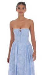 Floral Lace Up Maxi Dress in Light Blue