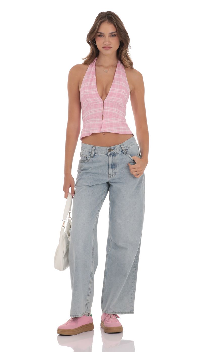 Plaid V Neck Halter Top in Pink