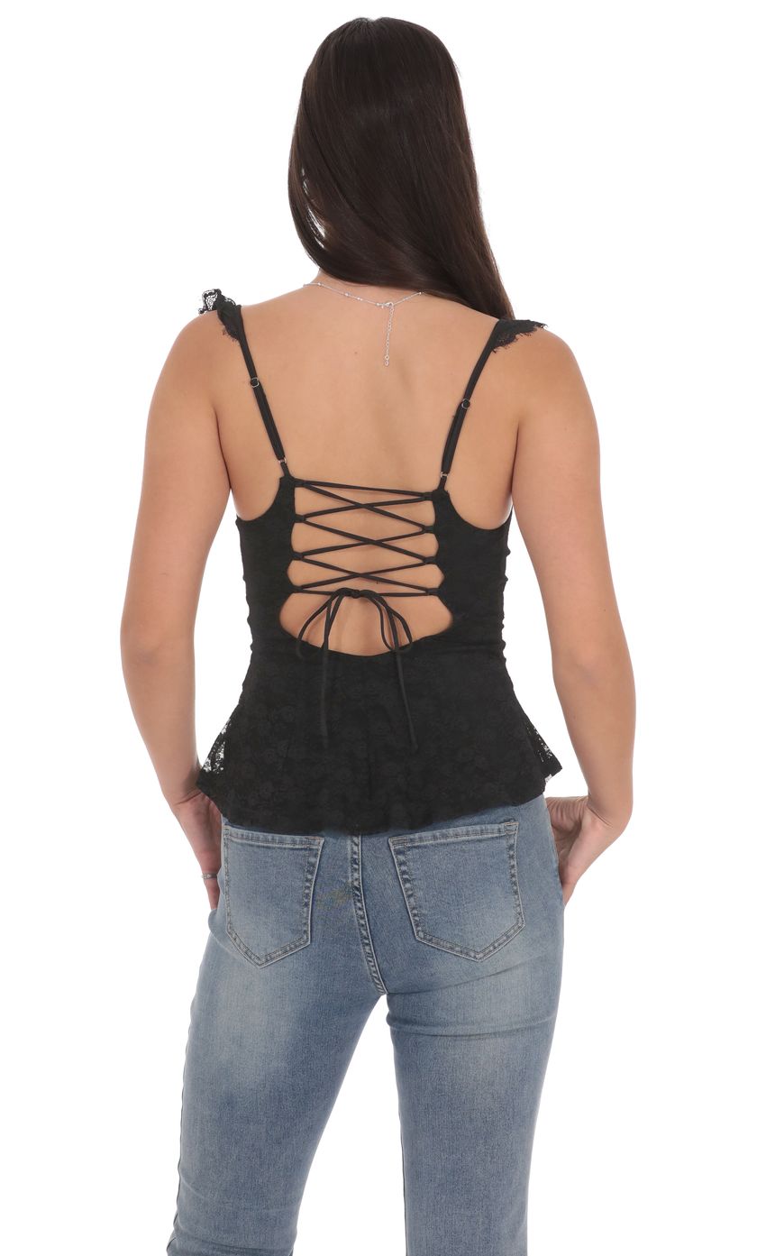 Lace Ruffle Strap Top in Black