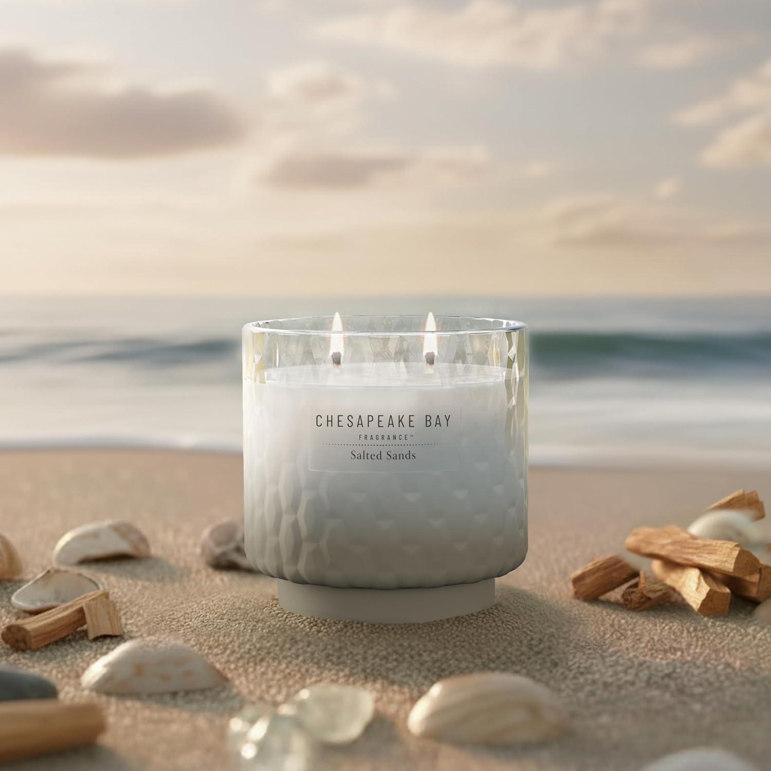 11oz Salted Sands Scented Candle Mood Evoking Fragrance Textured Sea Glass Inspired Jar Premium Soy Blend Wax with Essential Oils Coastal Fragrance for Home Décor or Gifting